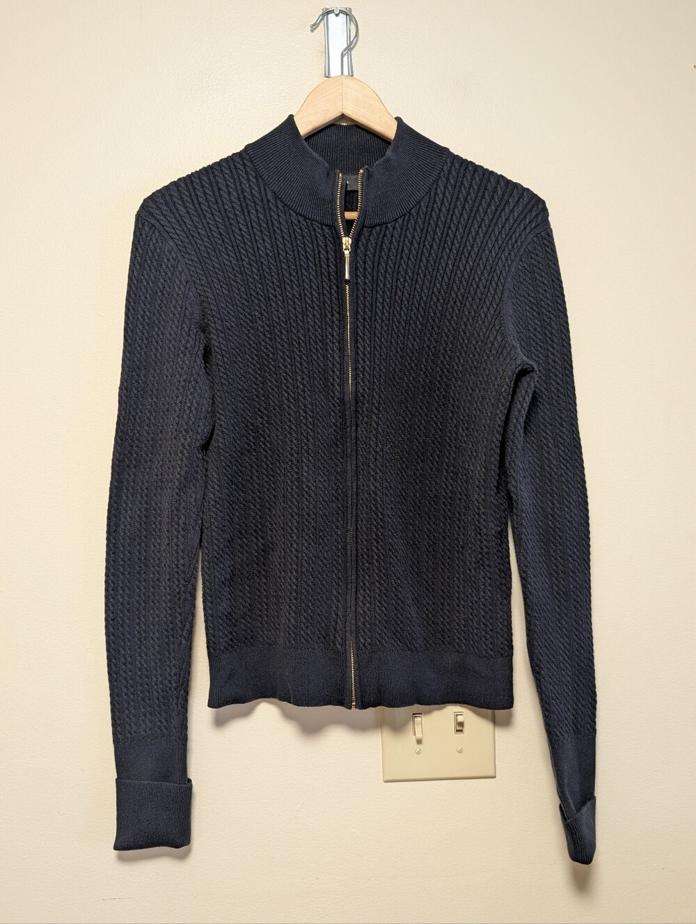 Saks Fifth Avenue Sport Cable Knit Zip Cardigan Medium Navy Gold Zip